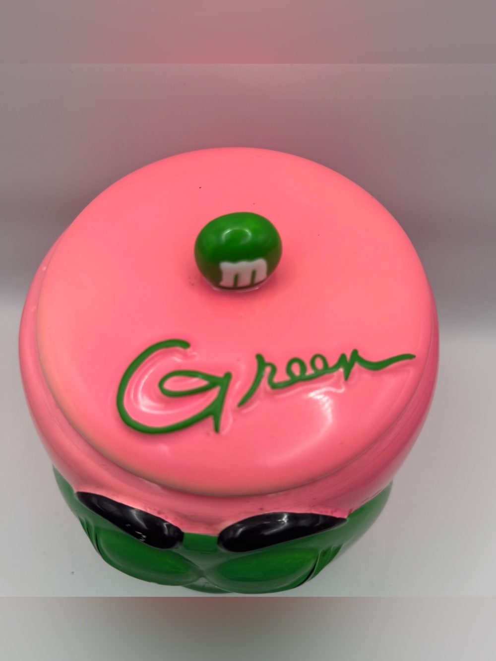 Vintage 2003 M&M’s Green Character Ceramic Cookie Jar Galerie Pink Mars - Picture 2 of 13